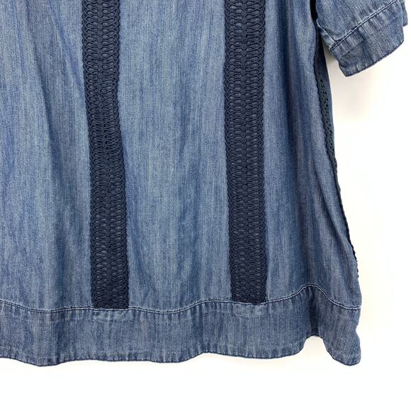 Soft Surroundings Chambray Crochet Stripe Blouse Womens Sz M Short Sleeve Blue - Picture 4 of 6